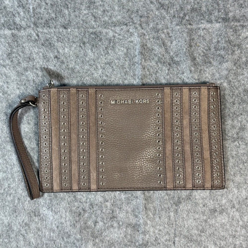 Michael Kors Wristlet Women OS Taupe Leather Suede Grommet Studded Clutch